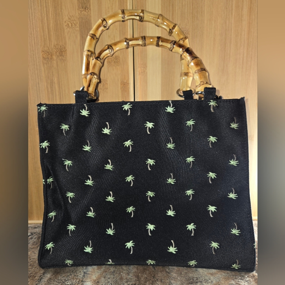 Sunny Hawaii (brand) Black Handbag Embroidered Palm Trees Bamboo Handles…
